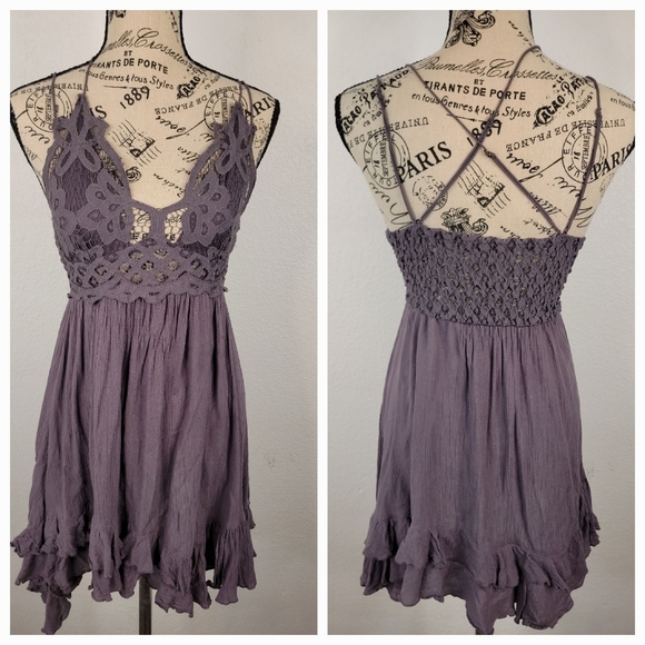 Free People Sz S Adella Lace Slip Dress Mini Purple V Neck Strappy Bohemian - Picture 2 of 10